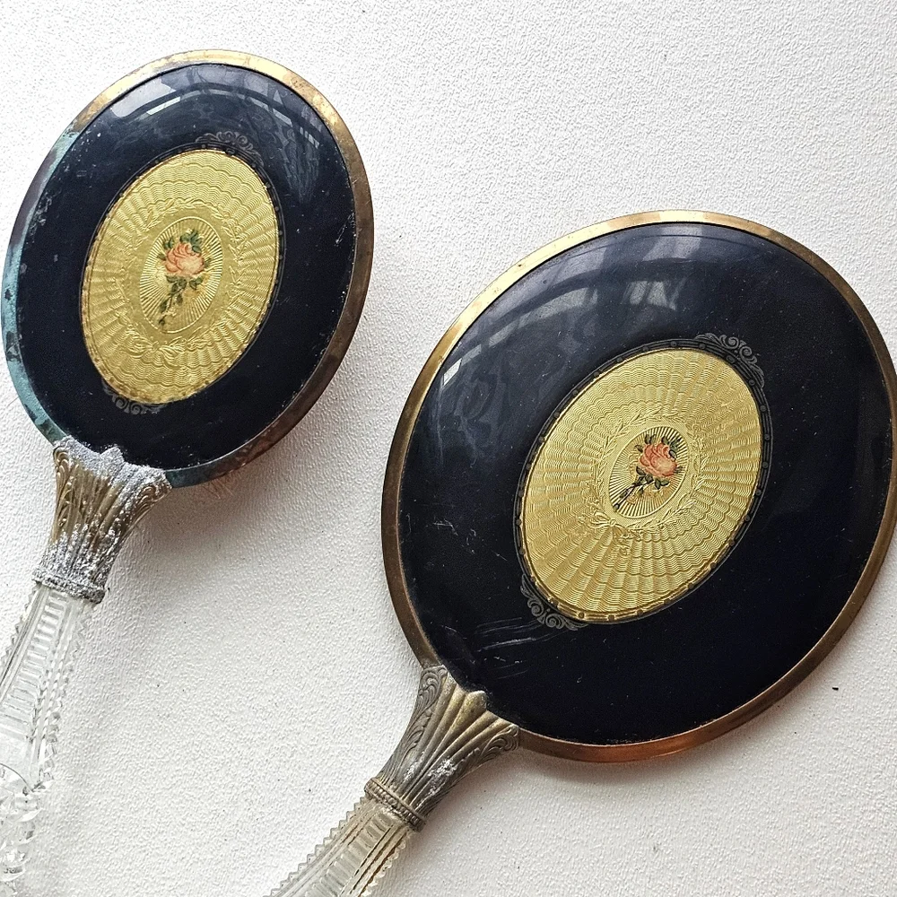 🪞 Early 1900s Antique Vanity Mirror & Brush Set Guilloché Style Glass Handles